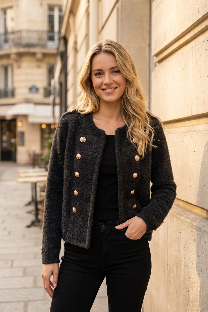 Veste courte duveteuse et texturée, dotée d'un col rond et de superbes boutons dorés disposés en double rangée