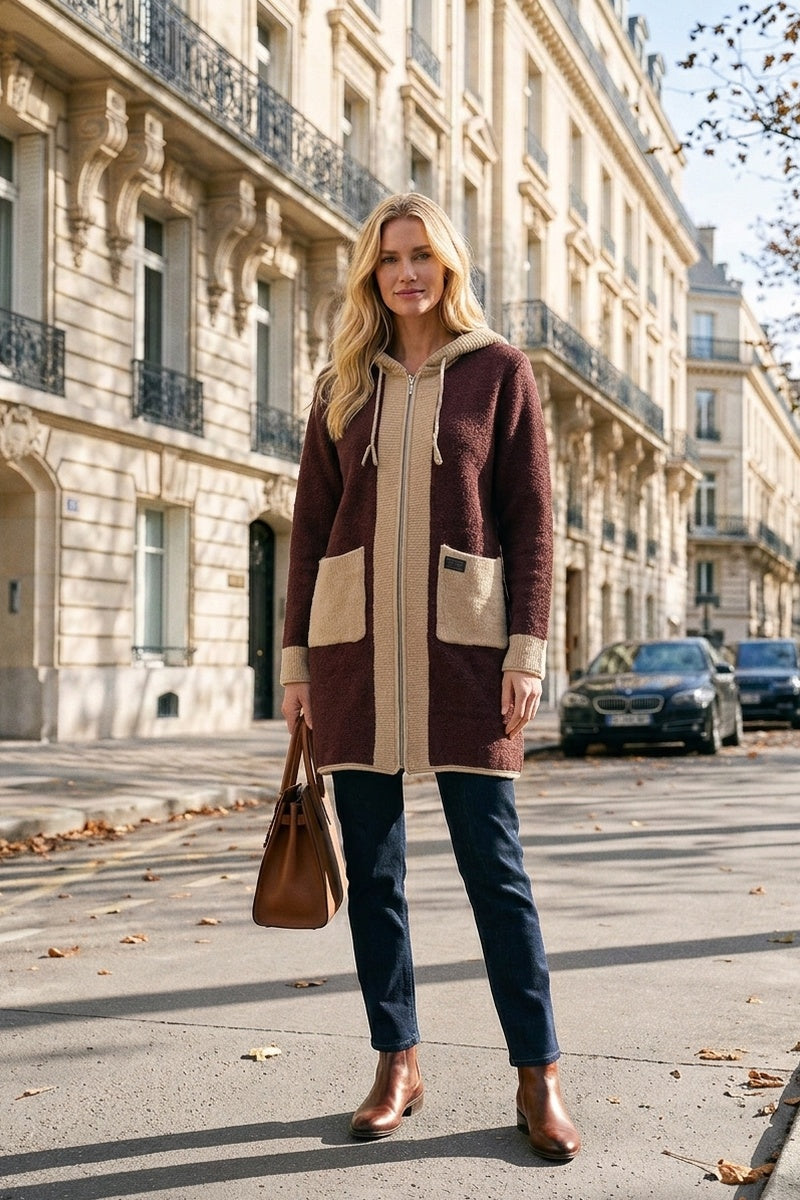 Cardigan à capuche et fermeture éclair, orné d'empiècements contrastés texturés sur les poches