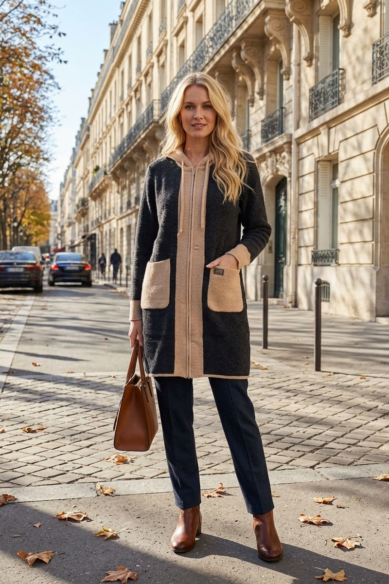 Cardigan à capuche et fermeture éclair, orné d'empiècements contrastés texturés sur les poches