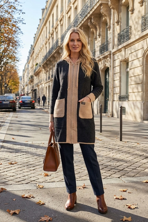 Cardigan à capuche et fermeture éclair, orné d'empiècements contrastés texturés sur les poches