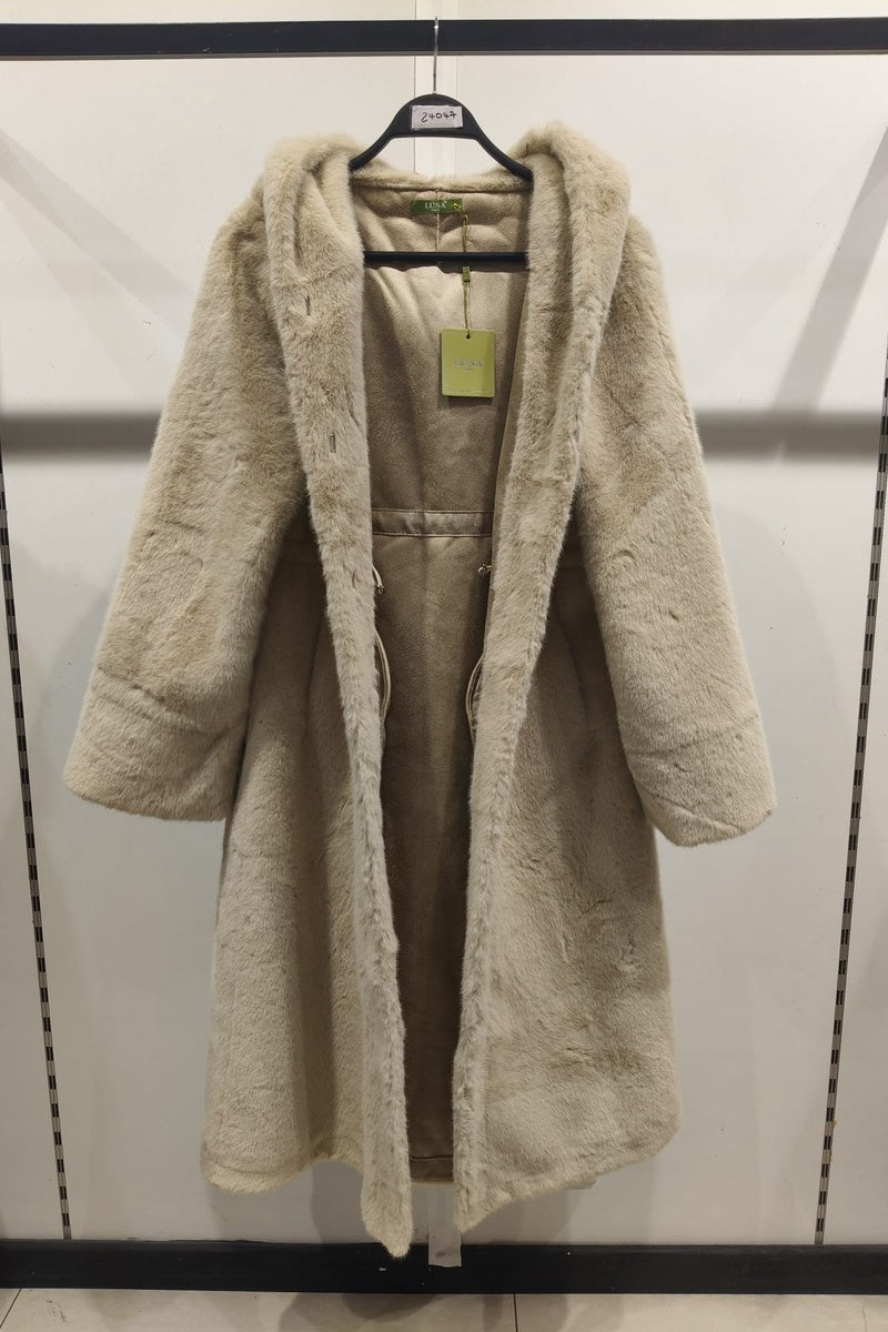 Manteau uni premium fausse fourrure avec poches et capuche