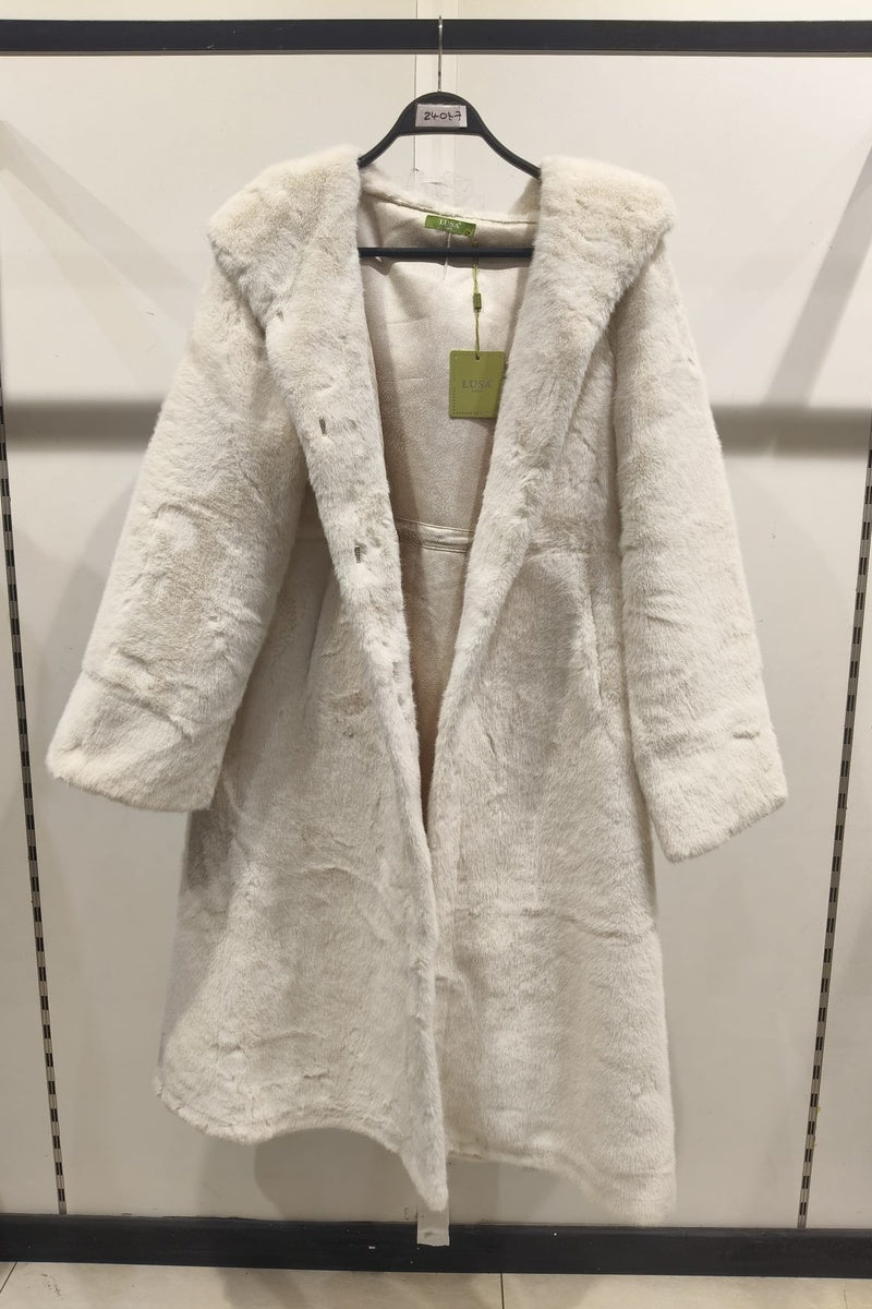 Manteau uni premium fausse fourrure avec poches et capuche