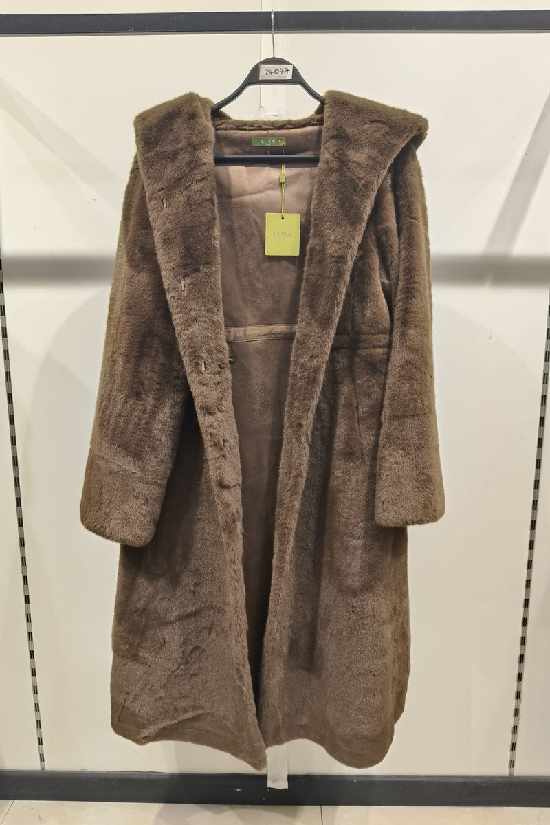 Manteau uni premium fausse fourrure avec poches et capuche
