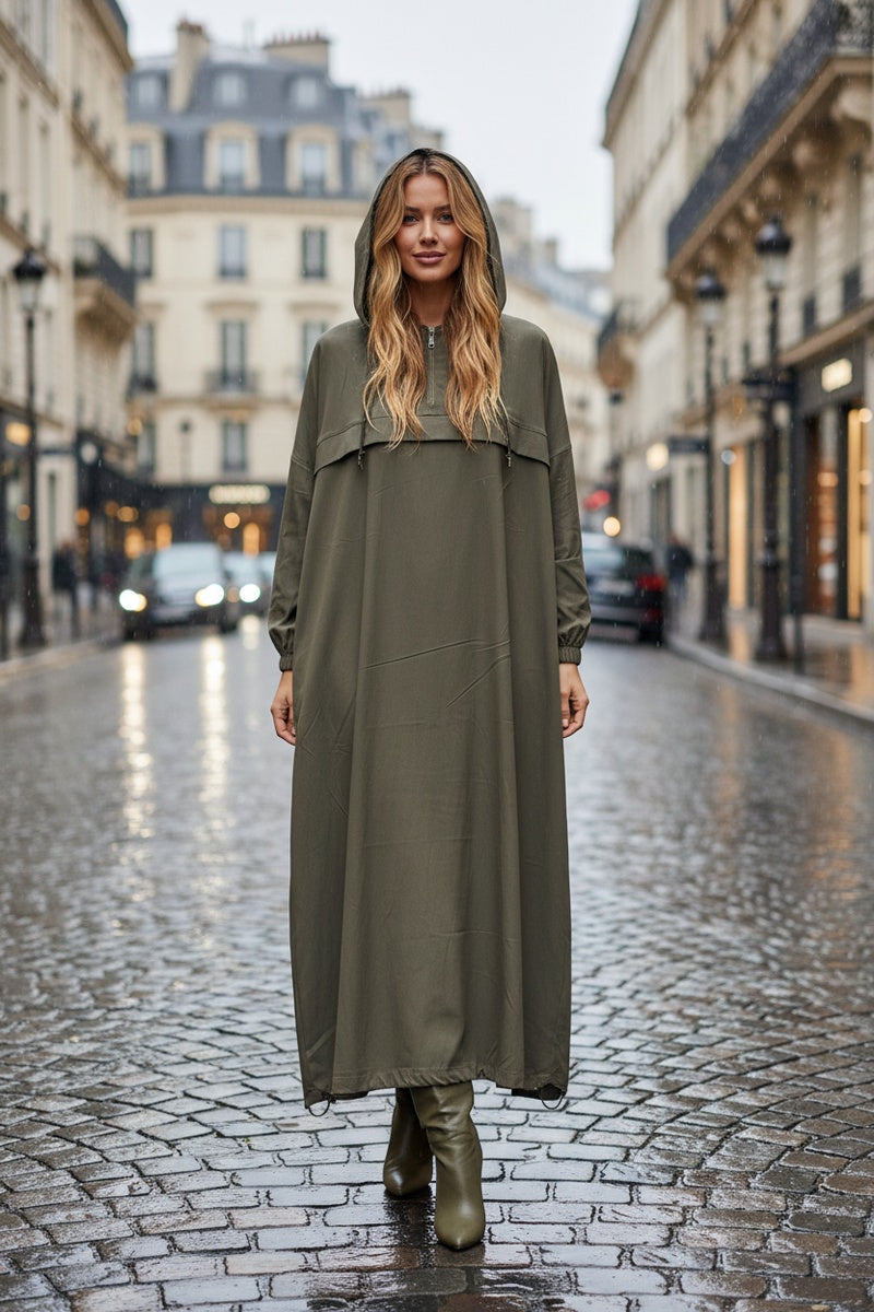 Robe longue unie avec zip et capuche et poches