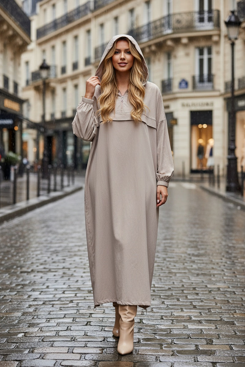 Robe longue unie avec zip et capuche et poches