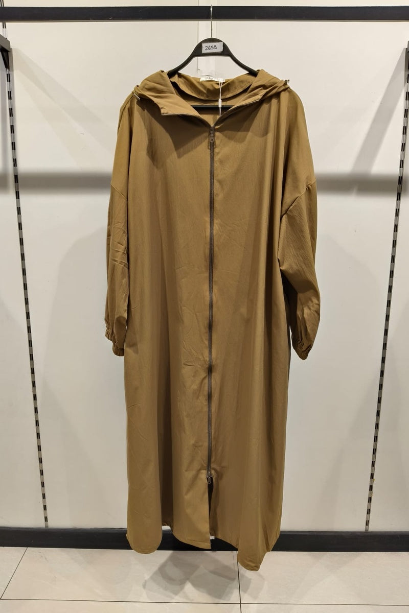 Robe veste longue unie avec zip et capuche et poches