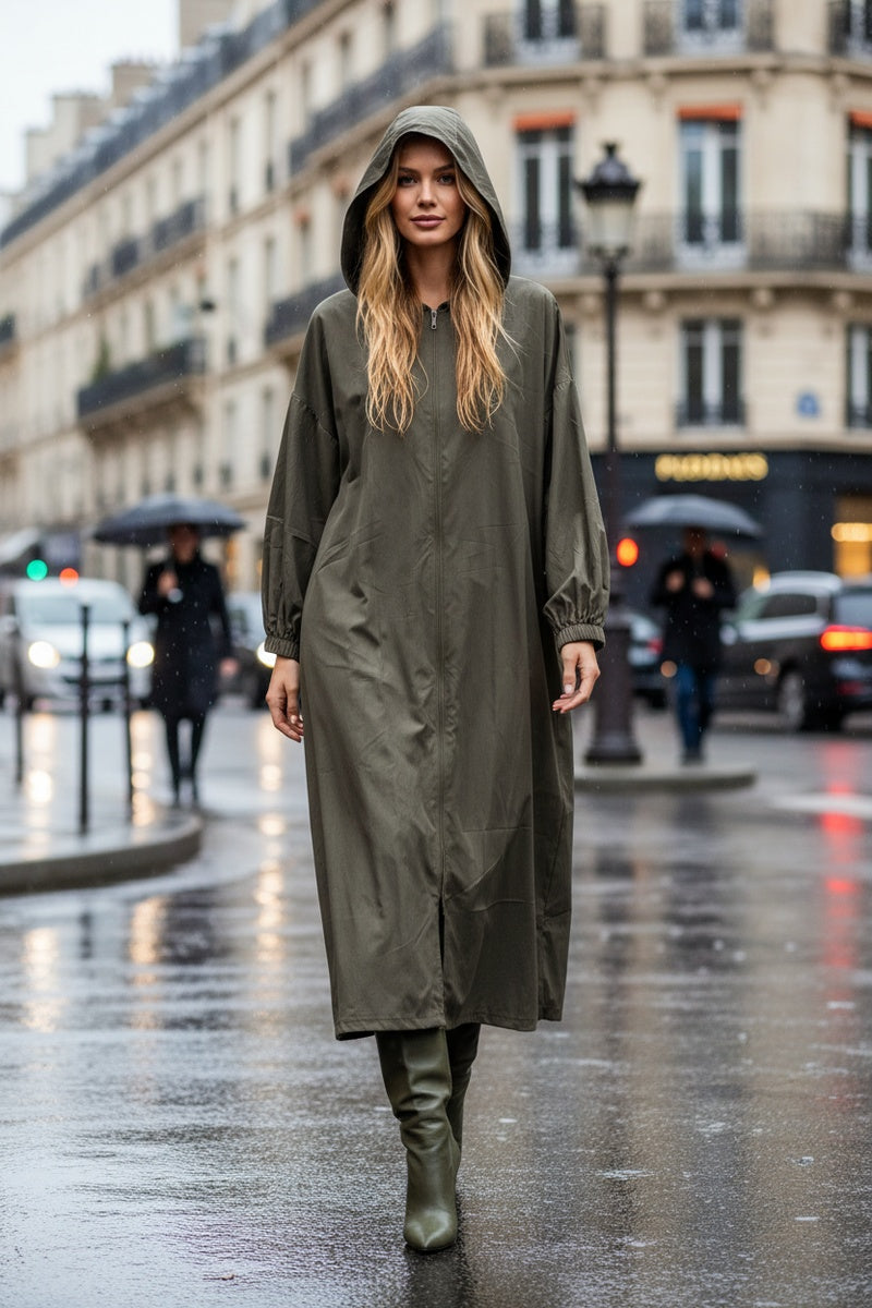 Robe veste longue unie avec zip et capuche et poches