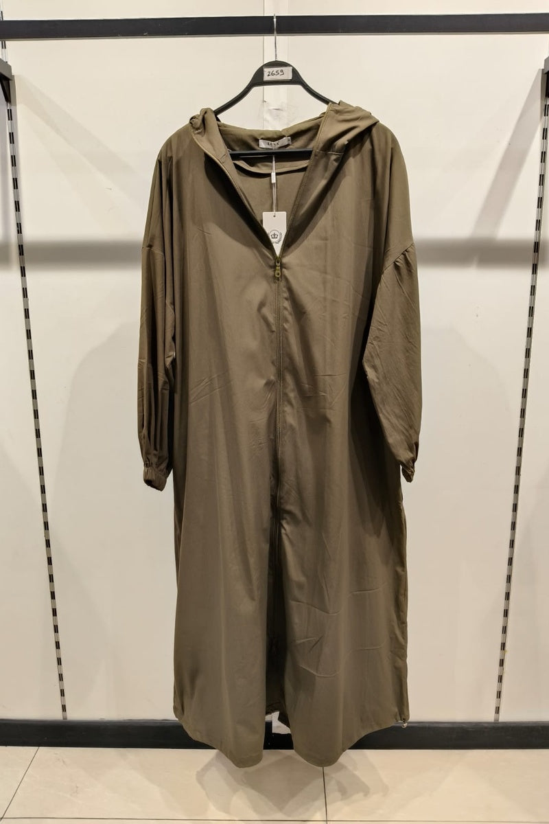 Robe veste longue unie avec zip et capuche et poches