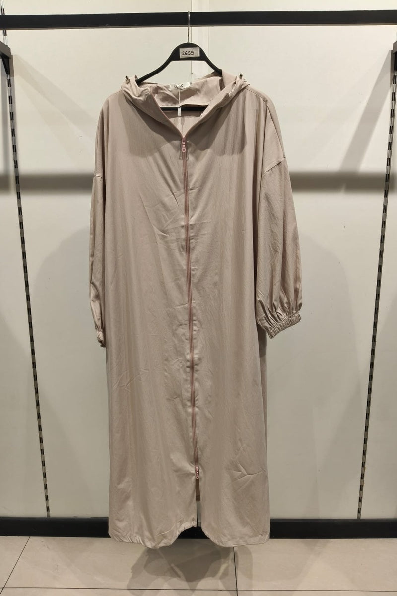 Robe veste longue unie avec zip et capuche et poches