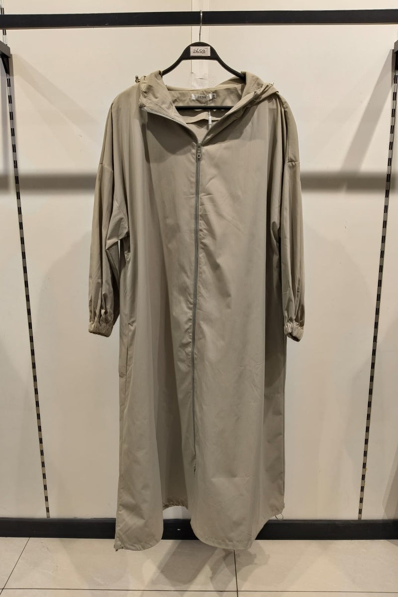 Robe veste longue unie avec zip et capuche et poches