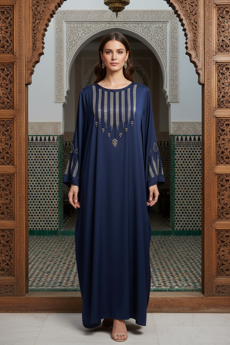 Abaya longue unie avec magnifique strass