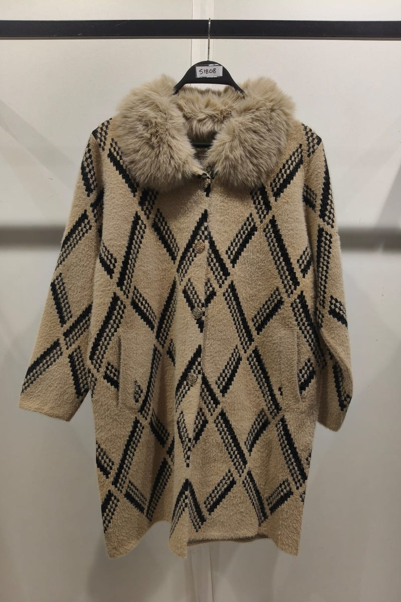 Manteau imprimé de rayures fausse fourrure avec poches