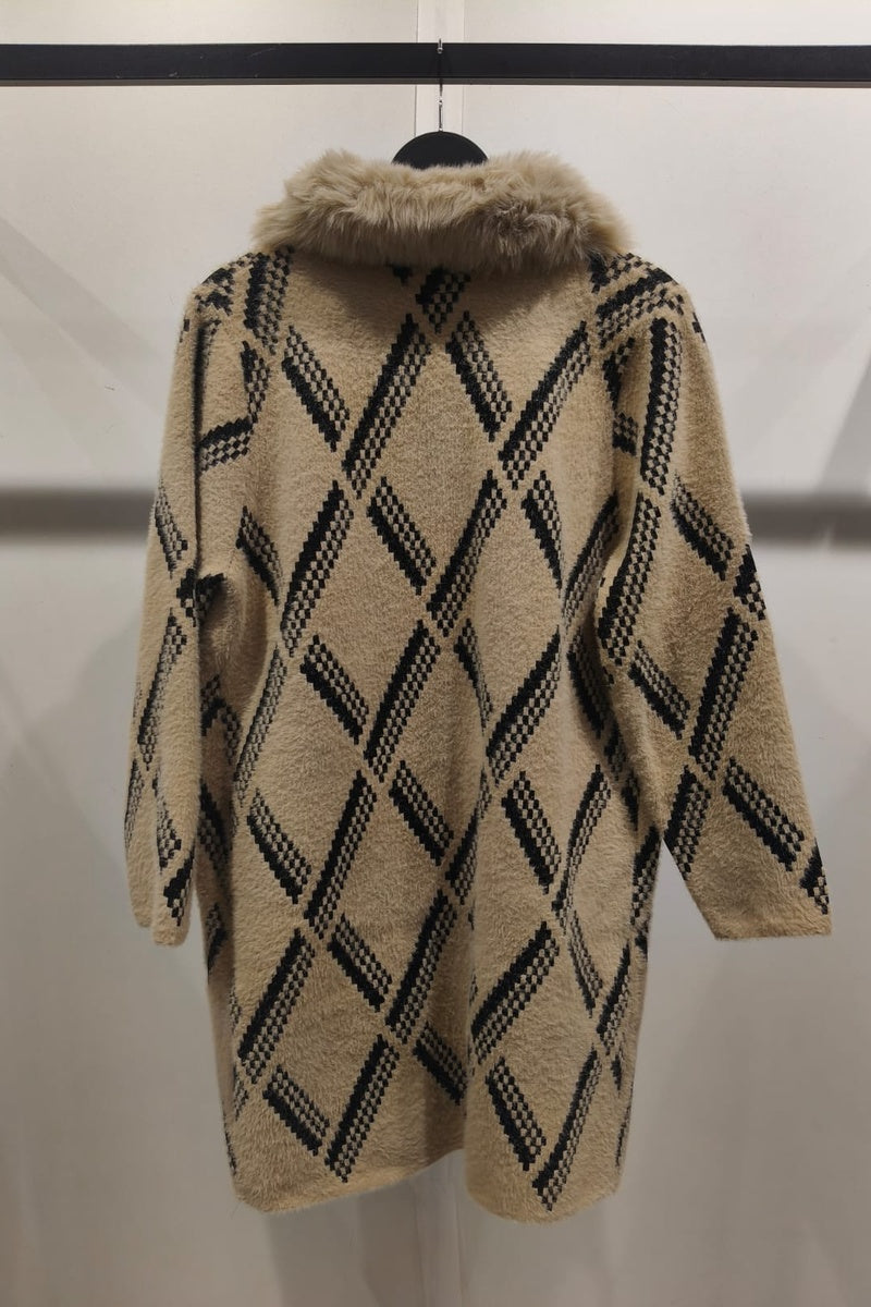 Manteau imprimé de rayures fausse fourrure avec poches