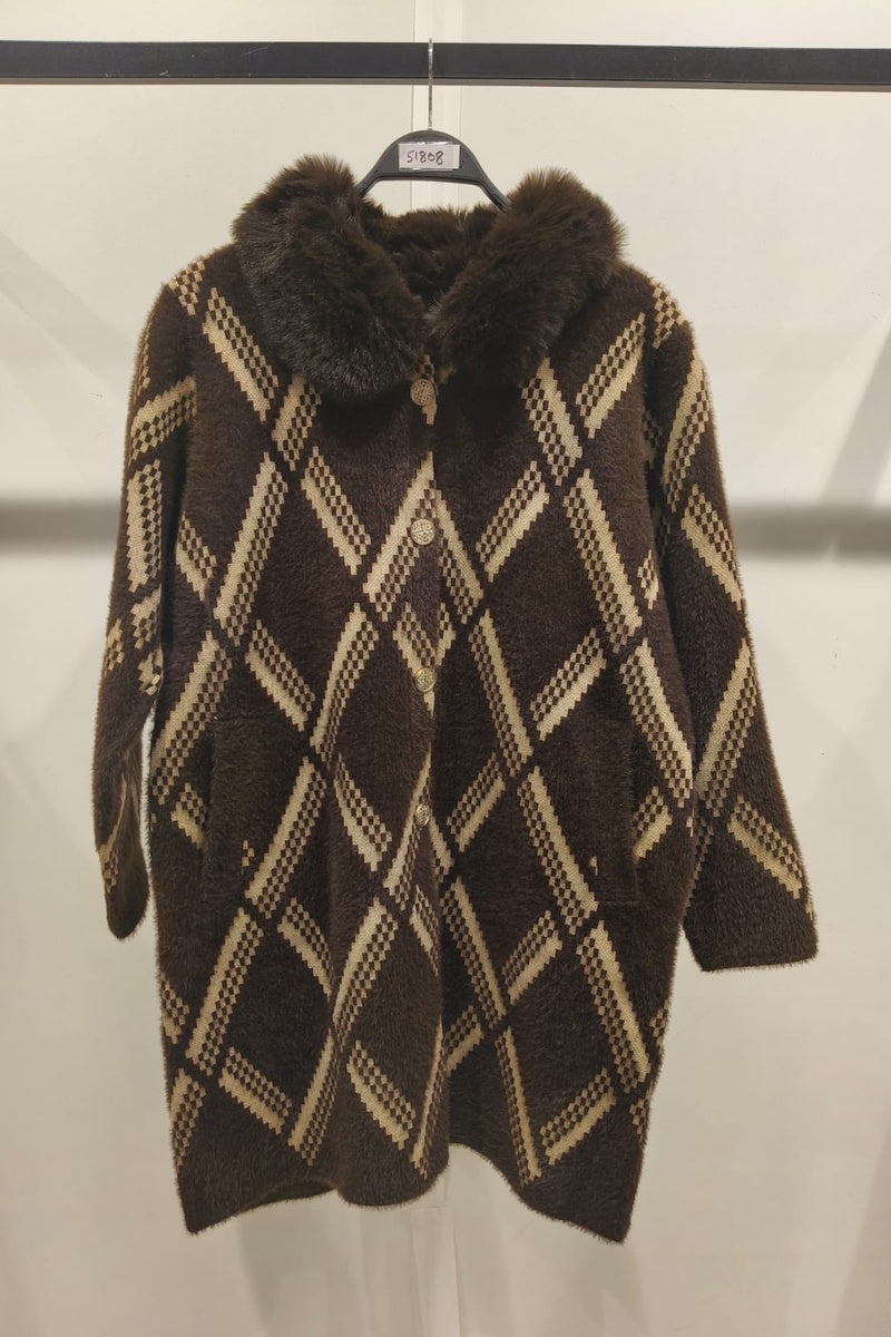 Manteau imprimé de rayures fausse fourrure avec poches