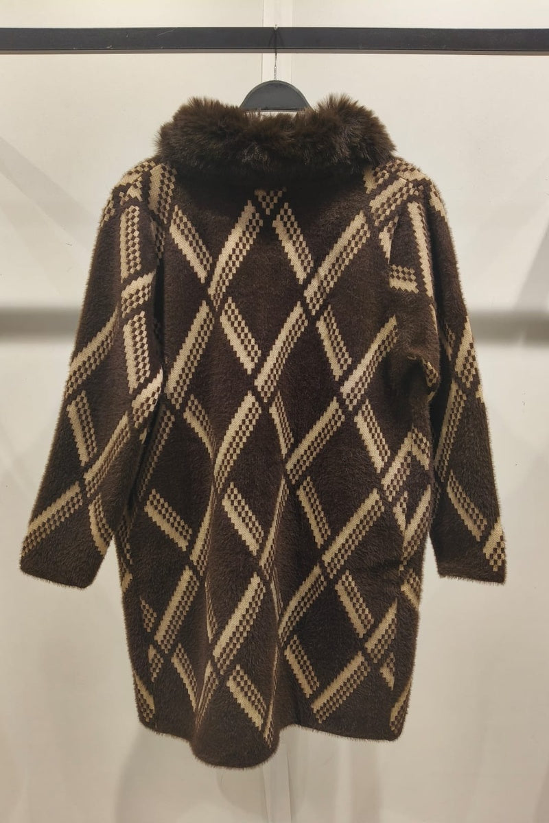 Manteau imprimé de rayures fausse fourrure avec poches