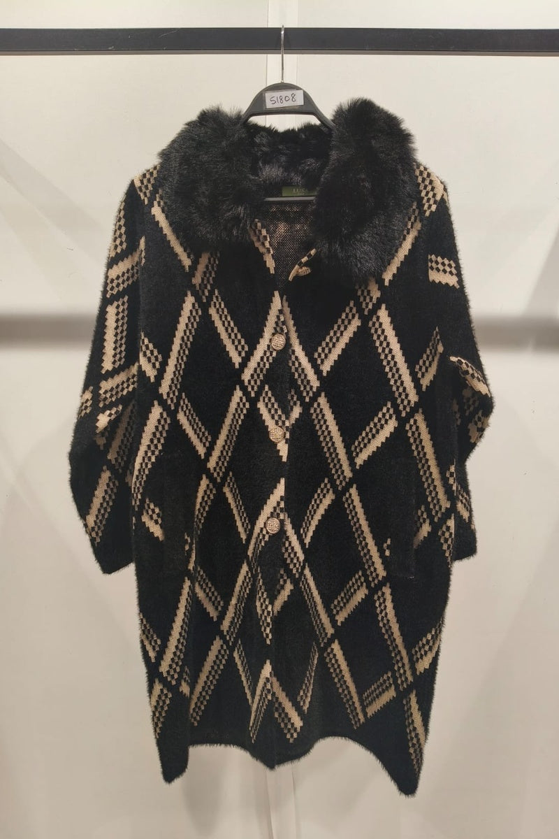 Manteau imprimé de rayures fausse fourrure avec poches