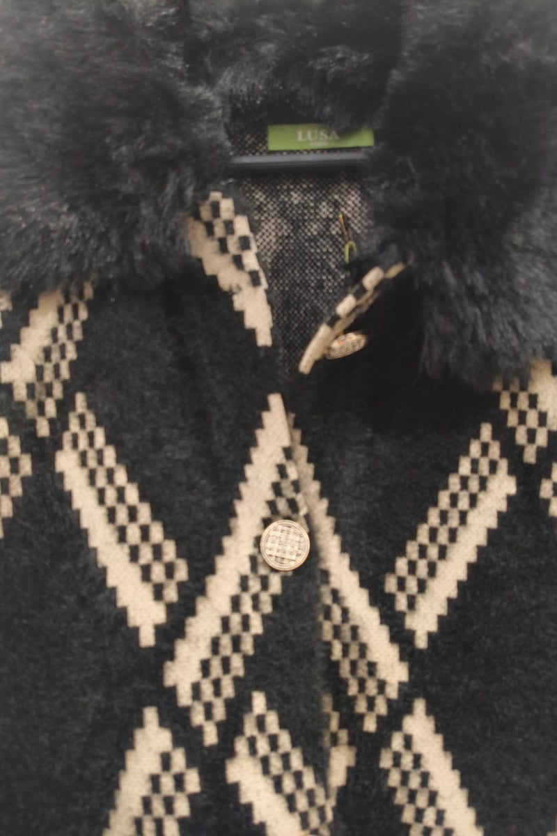 Manteau imprimé de rayures fausse fourrure avec poches