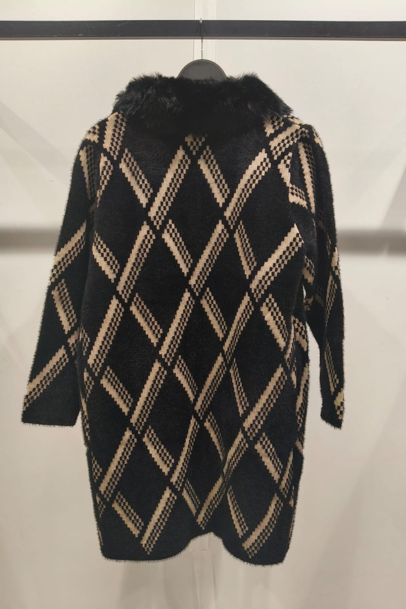 Manteau imprimé de rayures fausse fourrure avec poches