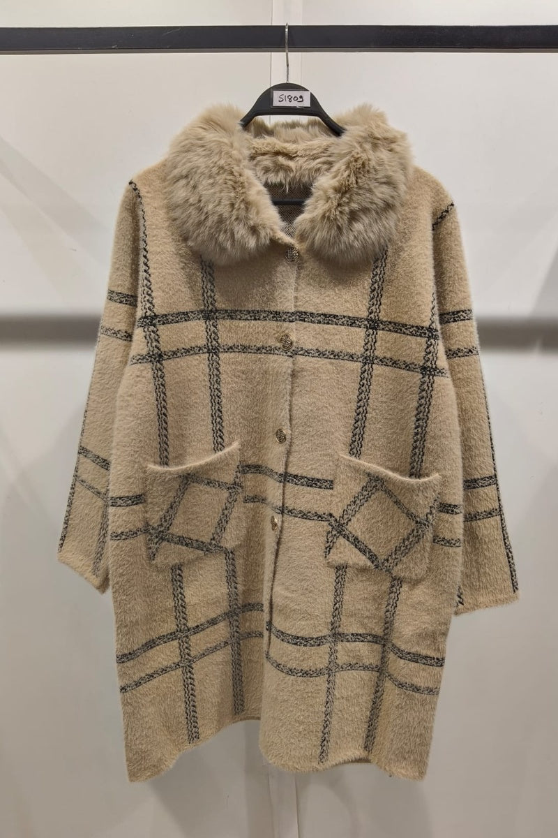 Manteau imprimé de rayures fausse fourrure avec poches