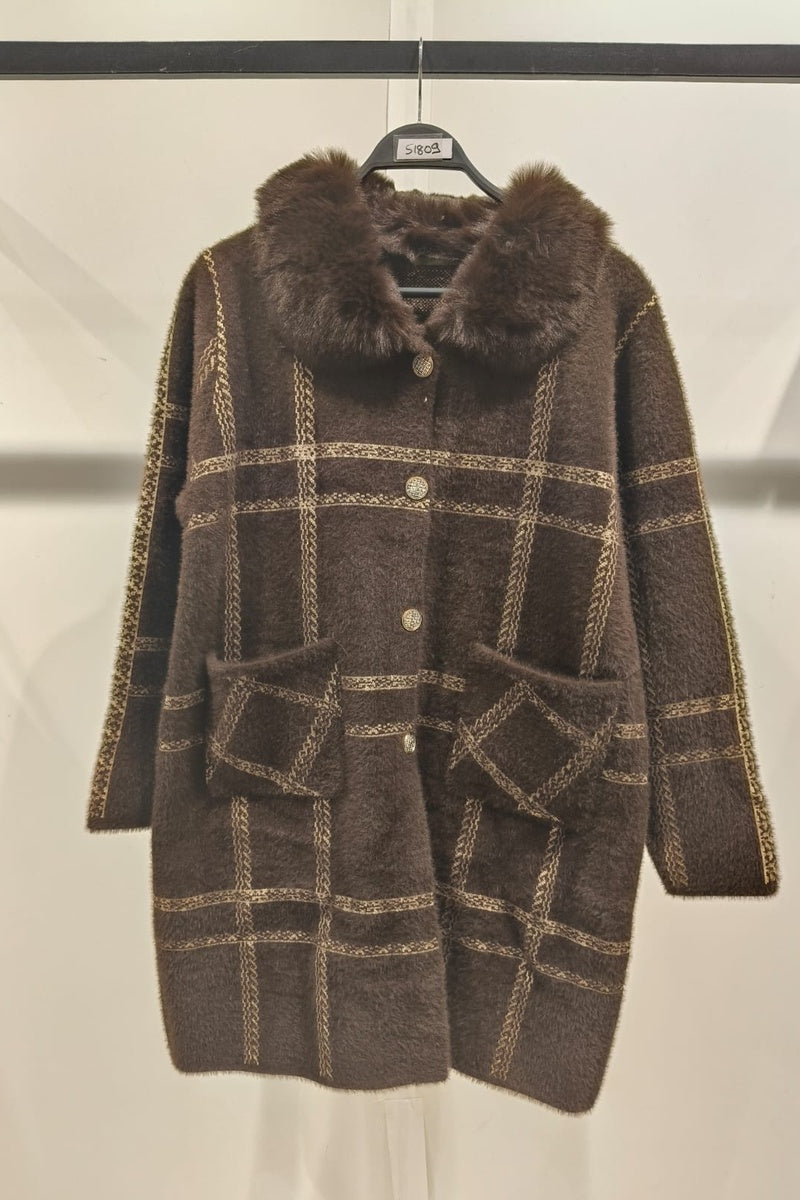 Manteau imprimé de rayures fausse fourrure avec poches