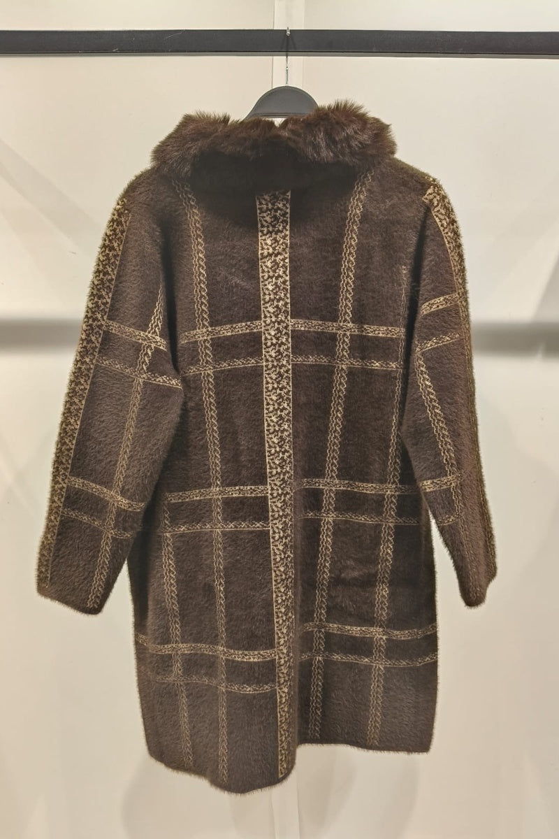 Manteau imprimé de rayures fausse fourrure avec poches