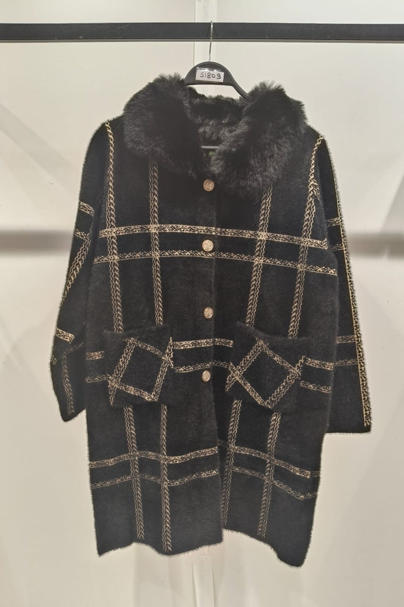 Manteau imprimé de rayures fausse fourrure avec poches