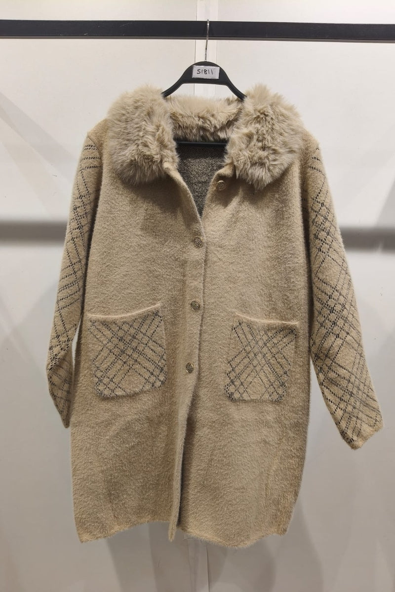 Manteau imprimé de rayures fausse fourrure avec poches