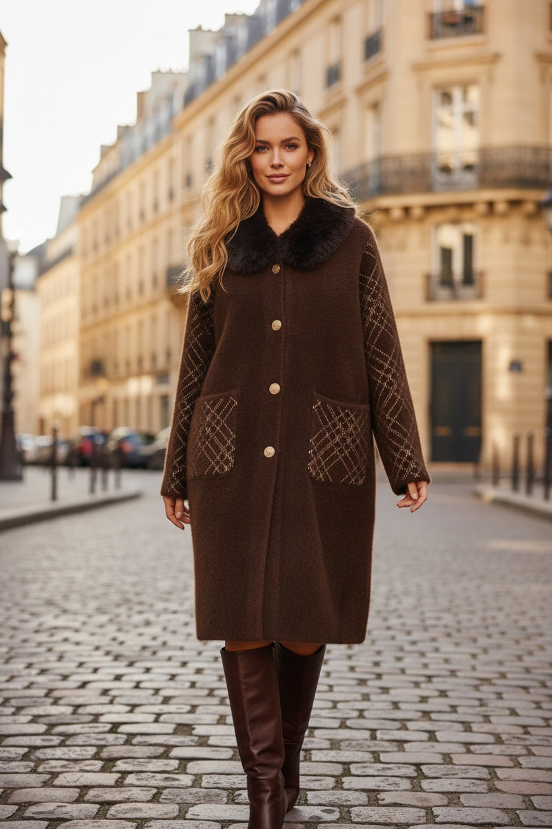 Manteau imprimé de rayures fausse fourrure avec poches
