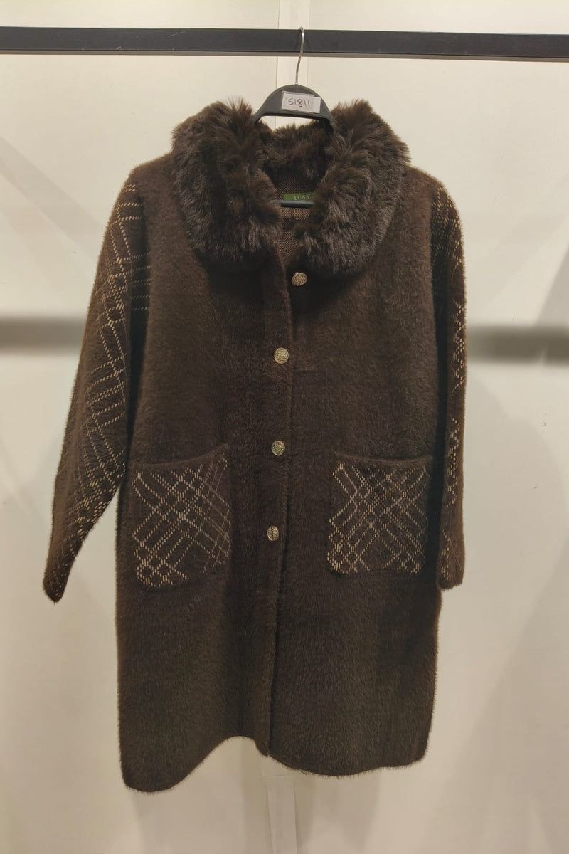 Manteau imprimé de rayures fausse fourrure avec poches