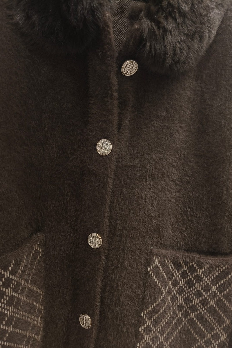 Manteau imprimé de rayures fausse fourrure avec poches