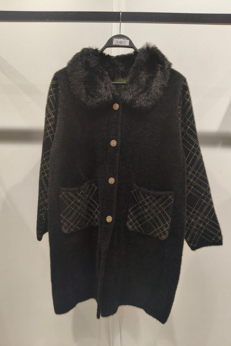 Manteau imprimé de rayures fausse fourrure avec poches