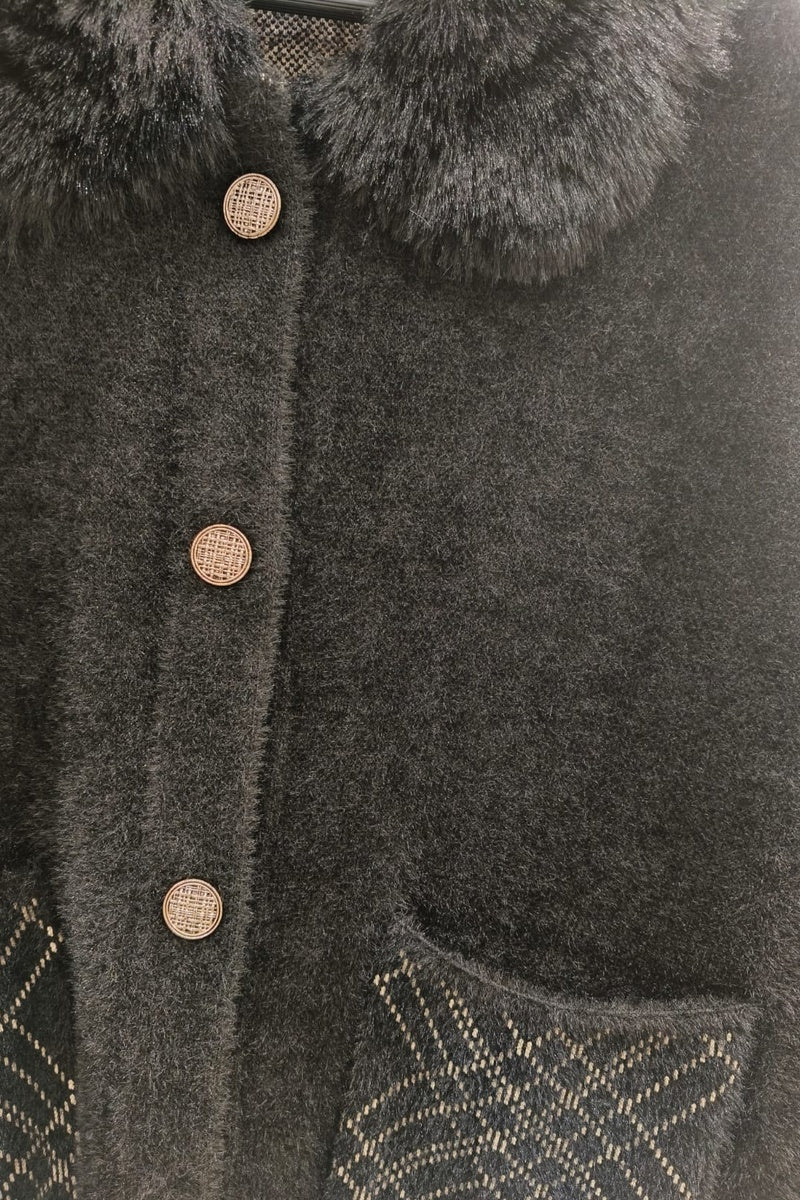 Manteau imprimé de rayures fausse fourrure avec poches