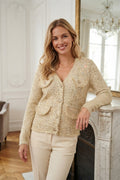 Cardigan texturé et duveteux à col en V, avec des poches plaquées boutonnées à rabat marque Pomegranate