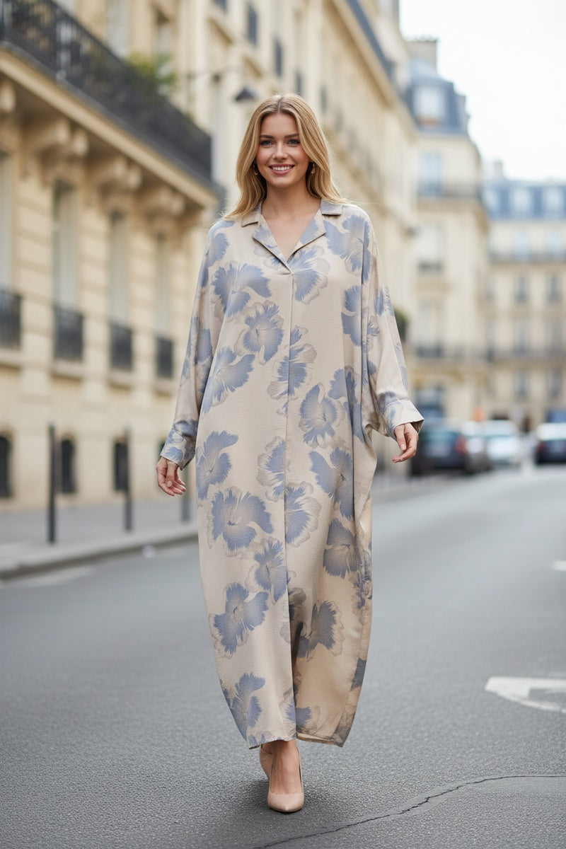 Robe longue fluide imprimée fleurie manches papillons avec col chemise