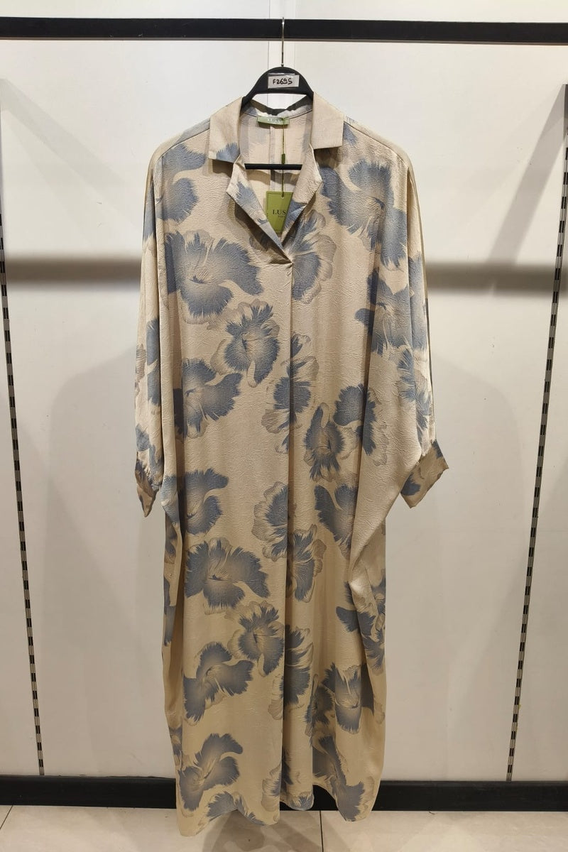 Robe longue fluide imprimée fleurie manches papillons avec col chemise