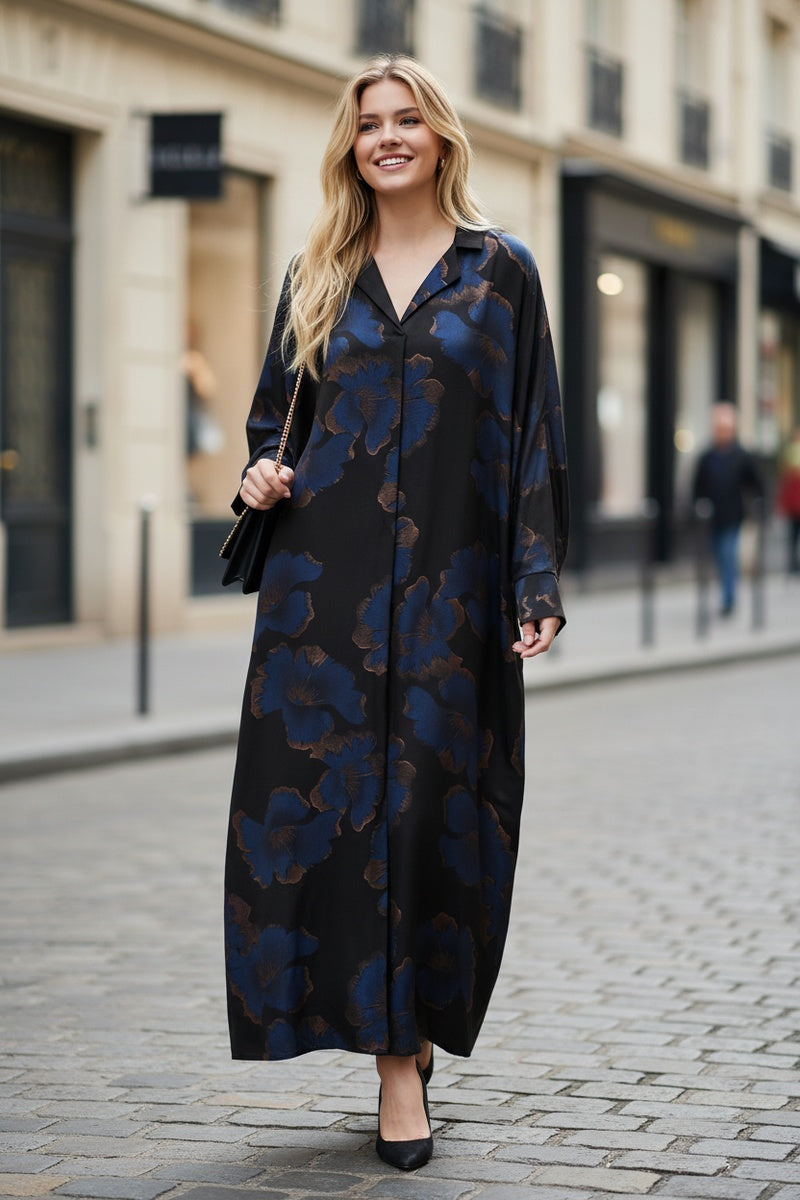 Robe longue fluide imprimée fleurie manches papillons avec col chemise