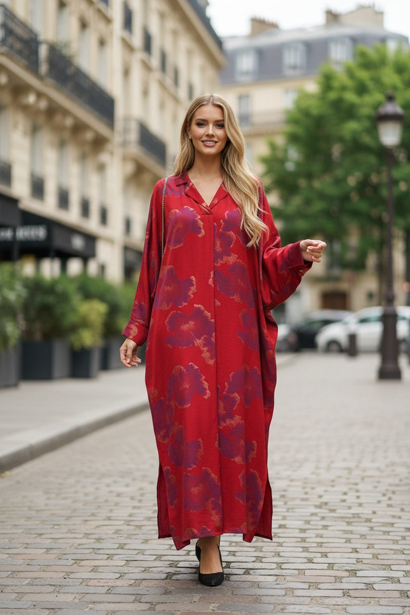 Robe longue fluide imprimée fleurie manches papillons avec col chemise