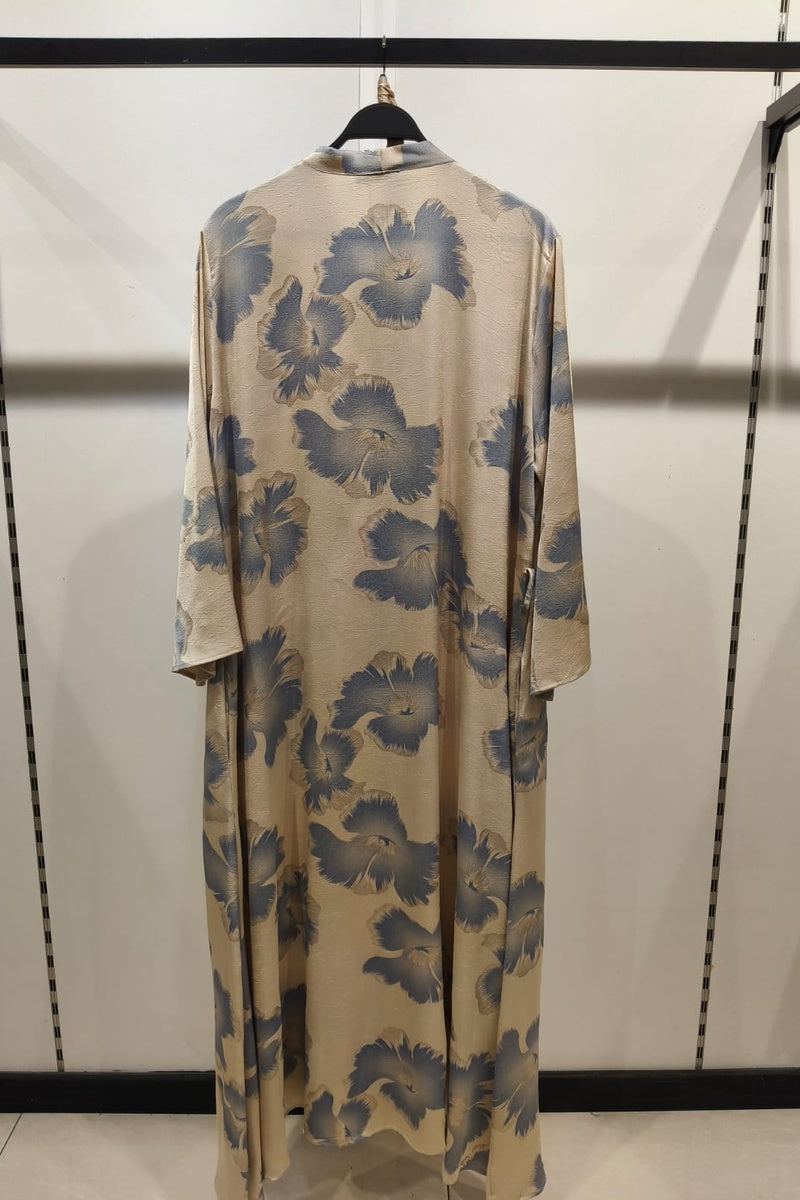 Robe longue fluide imprimée fleurie col V avec ceinture