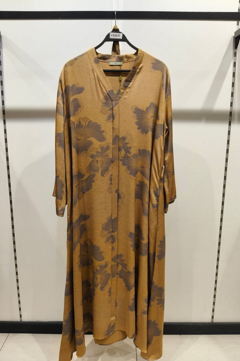Robe longue fluide imprimée fleurie col V avec ceinture