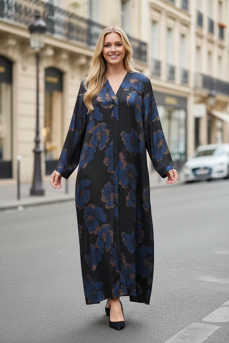 Robe longue fluide imprimée fleurie col V avec ceinture