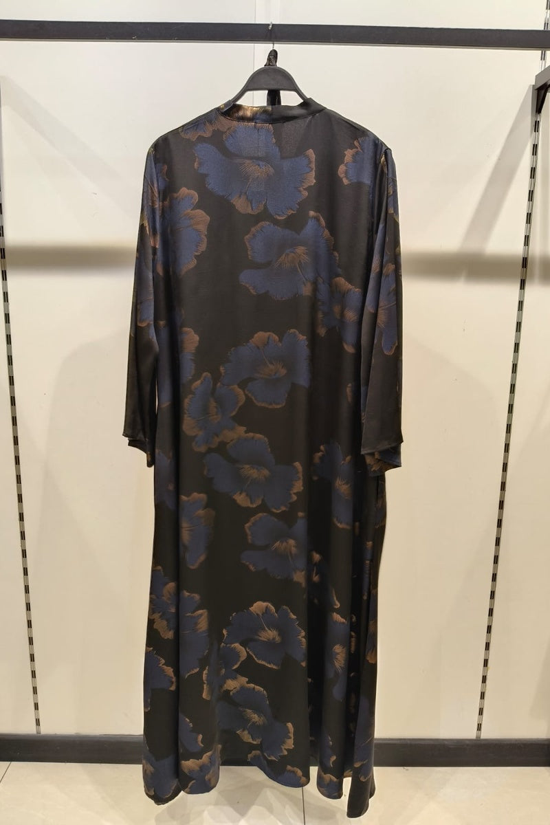 Robe longue fluide imprimée fleurie col V avec ceinture