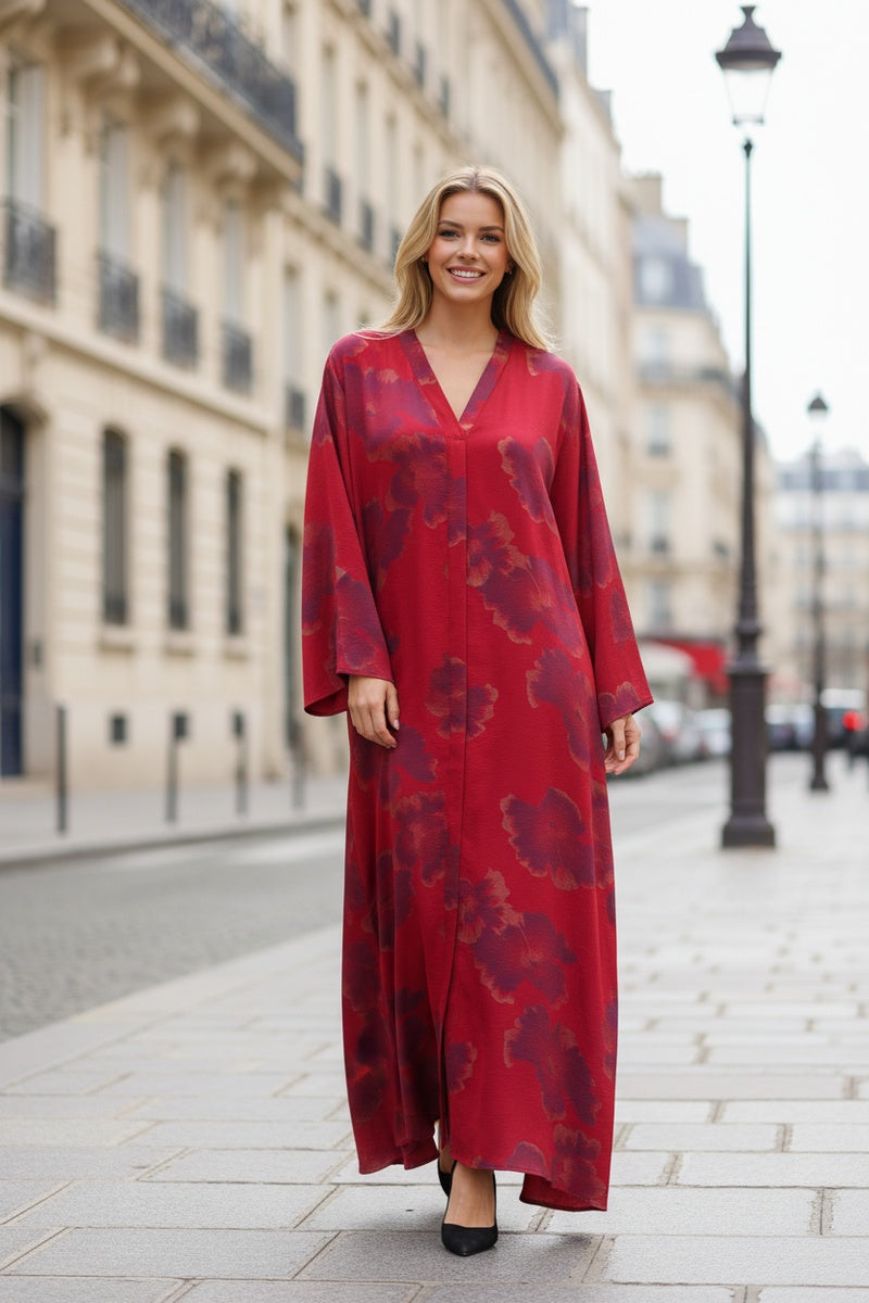 Robe longue fluide imprimée fleurie col V avec ceinture