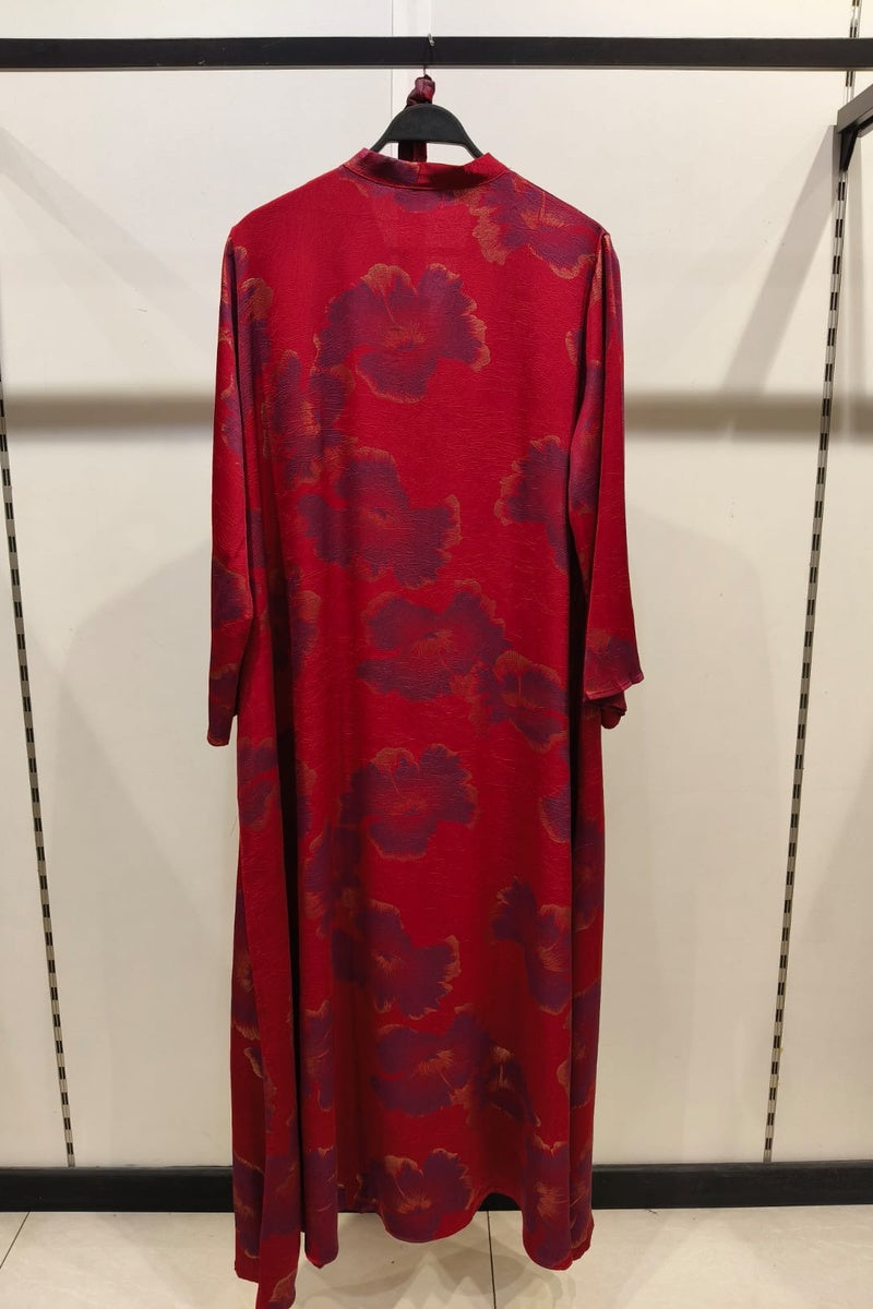 Robe longue fluide imprimée fleurie col V avec ceinture