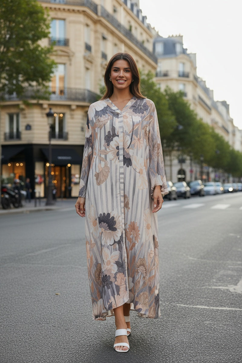 Robe longue imprimée fleurie avec poches, ceinture et broche en fleur