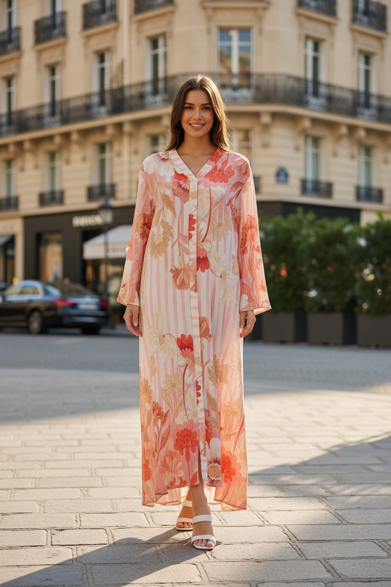 Robe longue imprimée fleurie avec poches, ceinture et broche en fleur