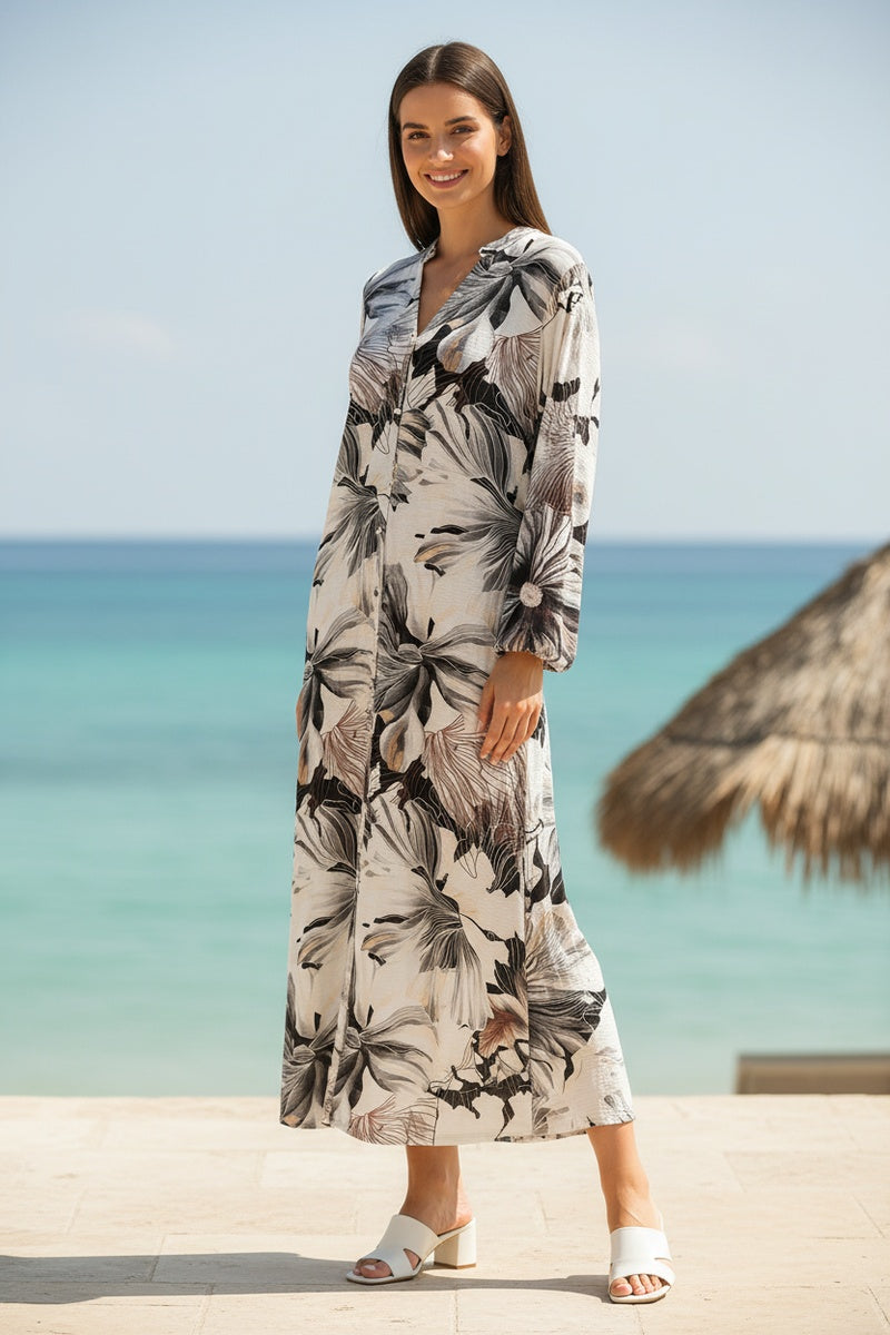 Robe longue imprimée fleurie boutonnée