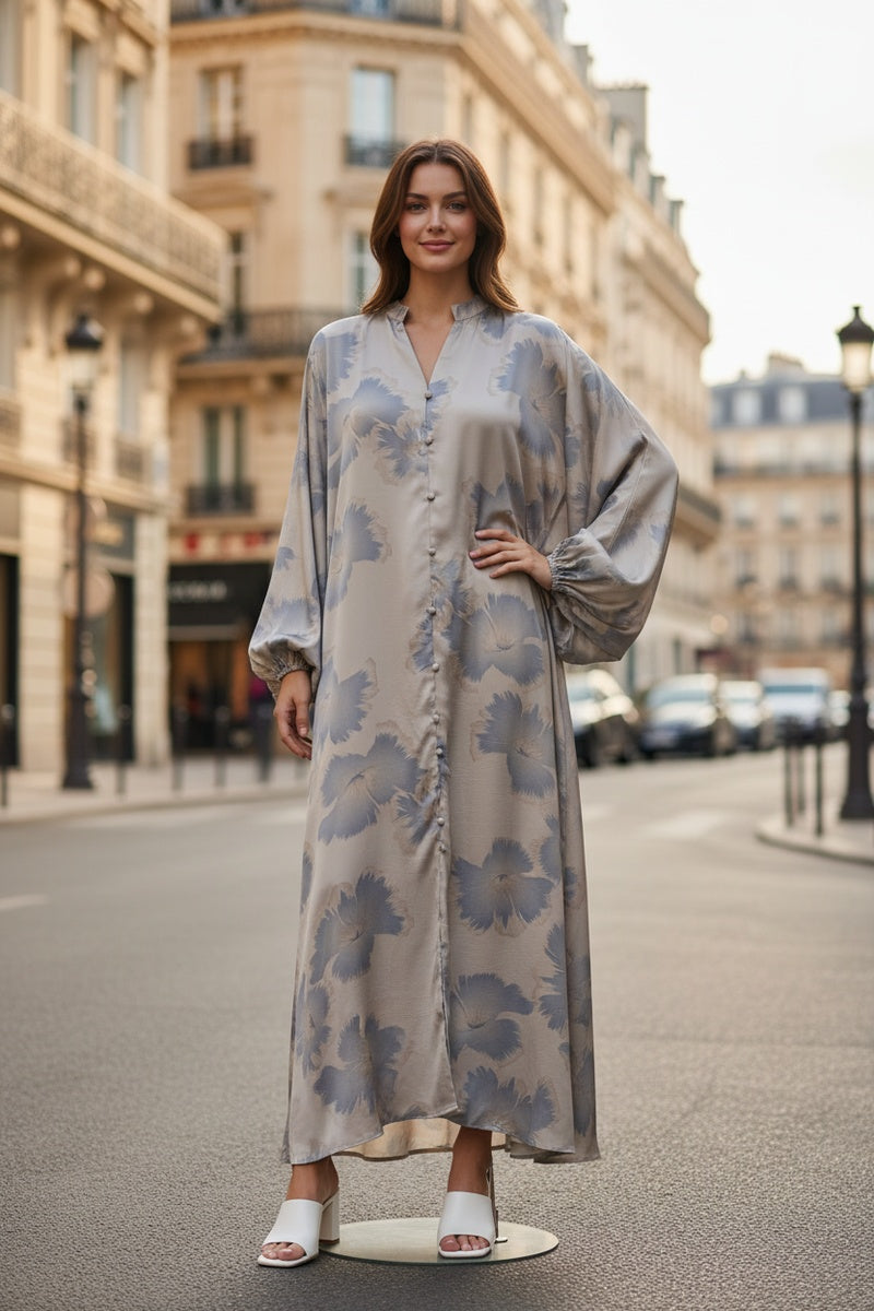 Robe longue imprimée fleurie avec boutons de décor