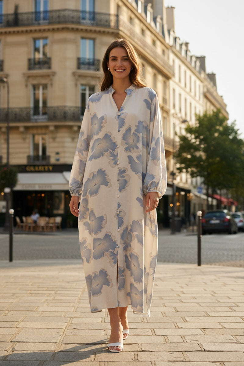 Robe longue imprimée fleurie avec boutons de décor