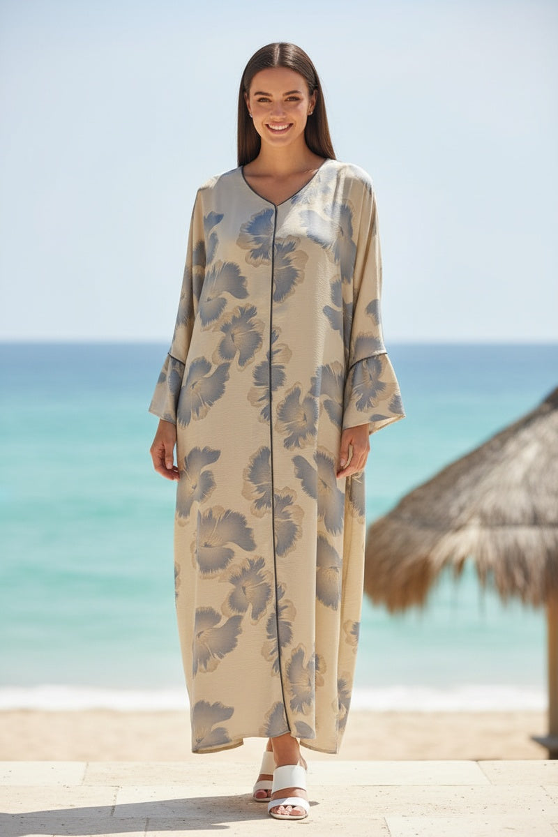 Robe longue fluide imprimée fleurie effet paillette
