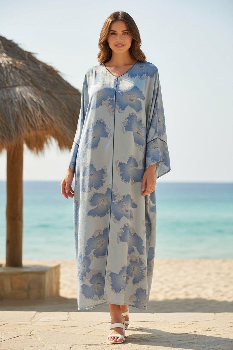 Robe longue fluide imprimée fleurie effet paillette